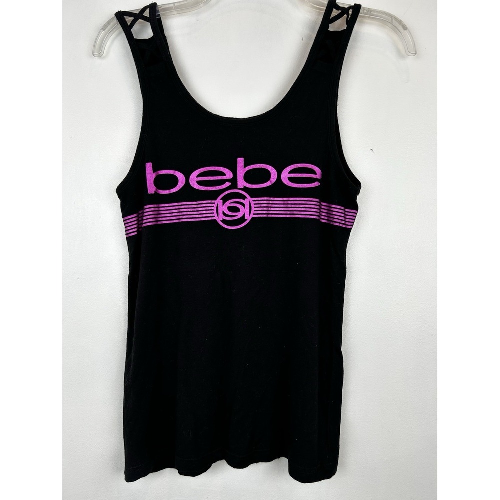 Bebe Sport Tank Top Womens S Strappy Logo Spell Out Black Shirt Y2K 80's